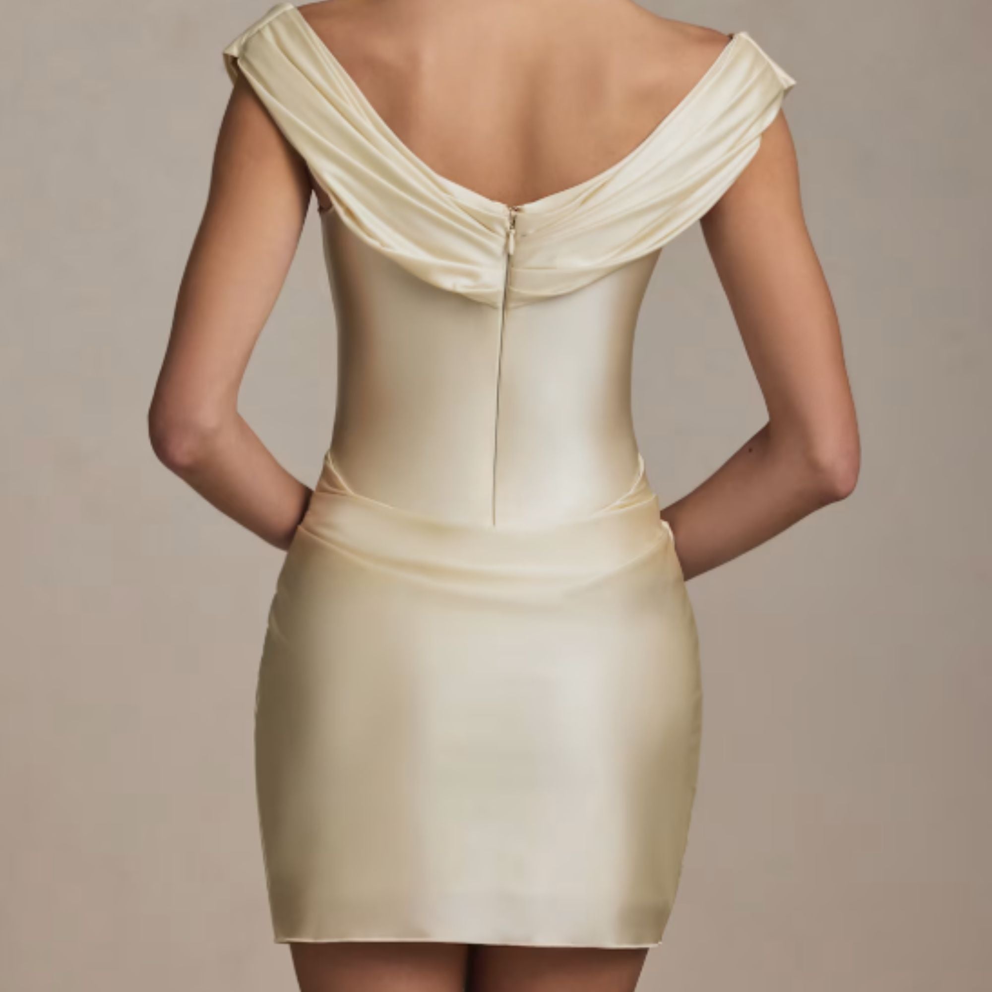 Off-Shoulder Draped Mini Dress in Ivory