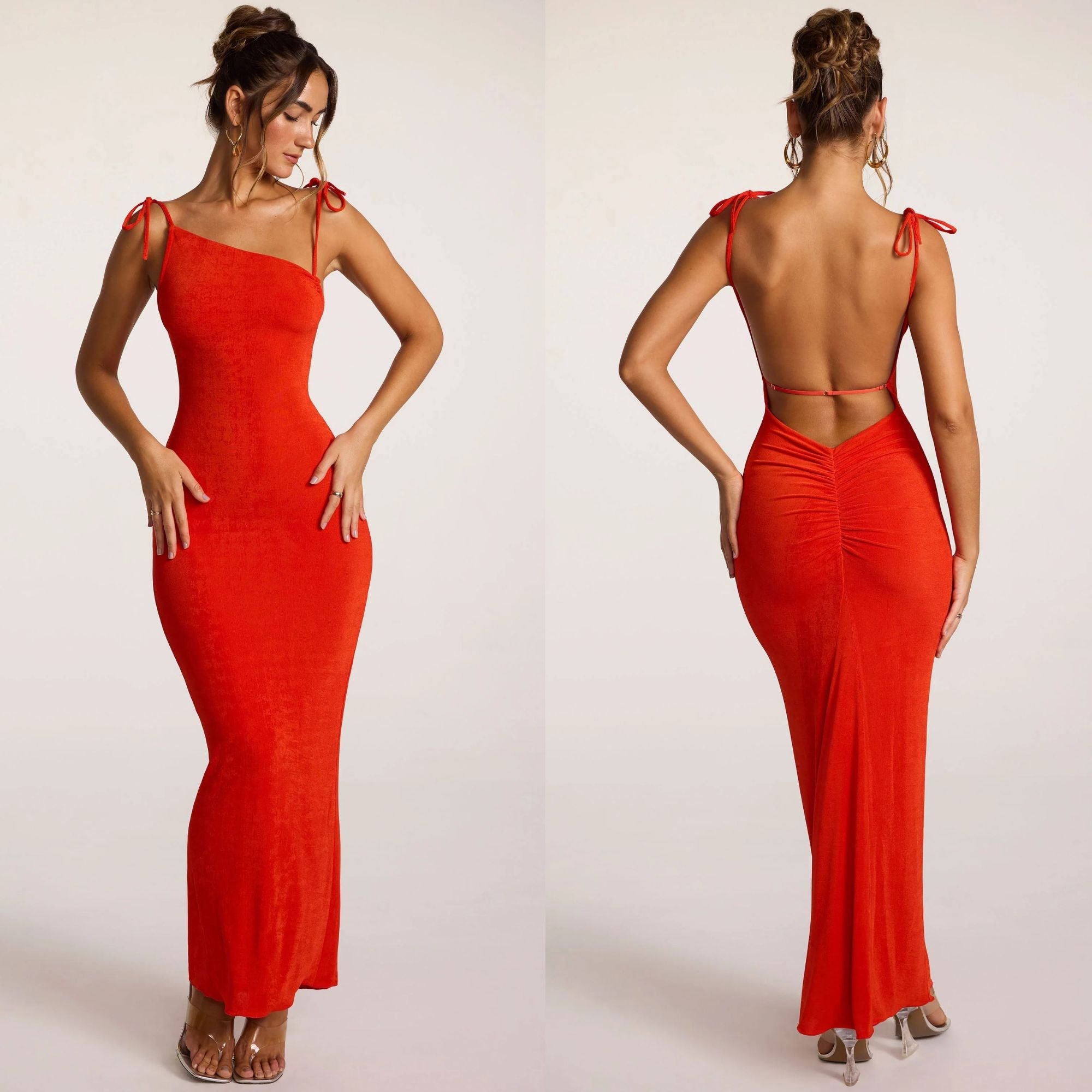 Textured Jersey Open Back Maxi Dress in Fiery Red