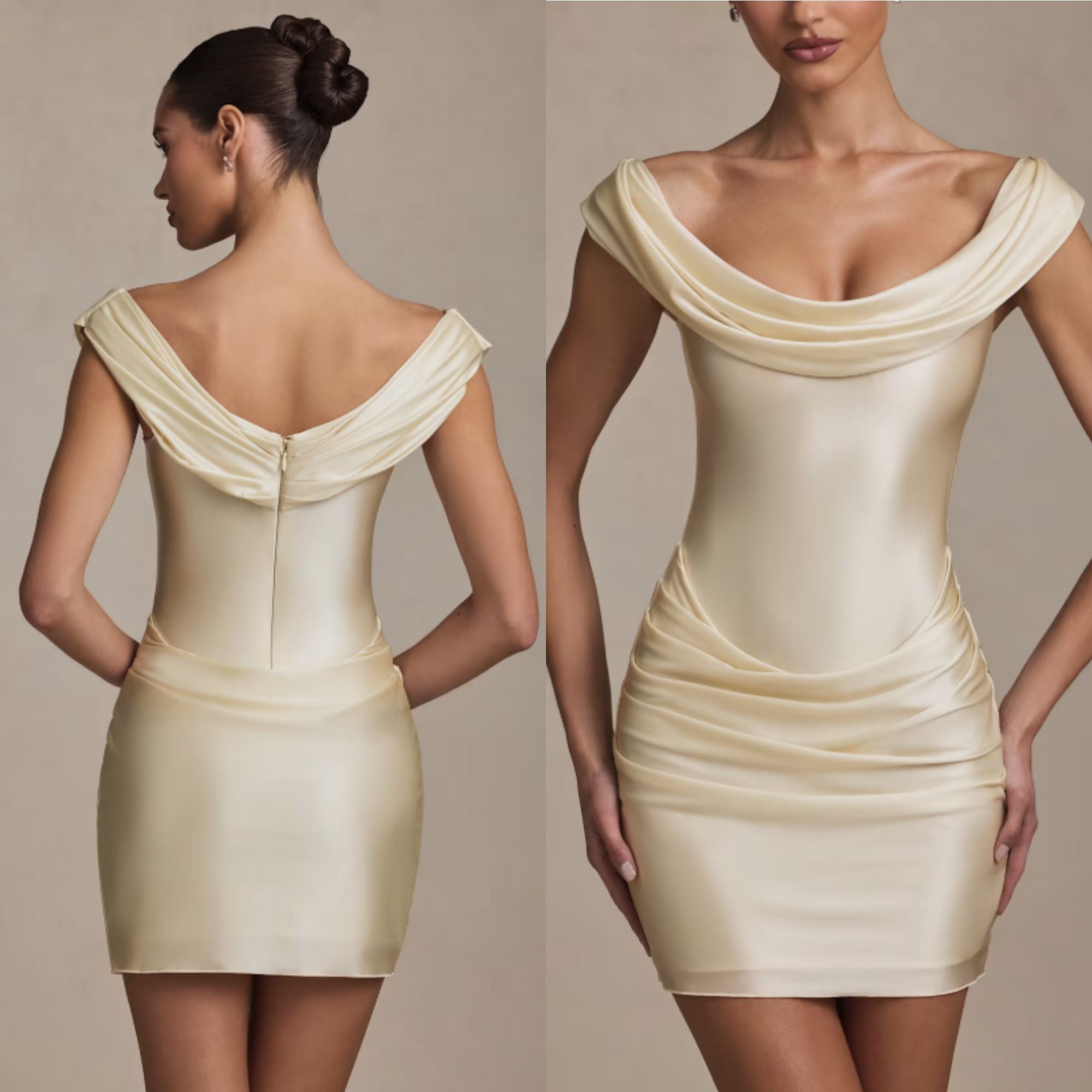 Off-Shoulder Draped Mini Dress in Ivory