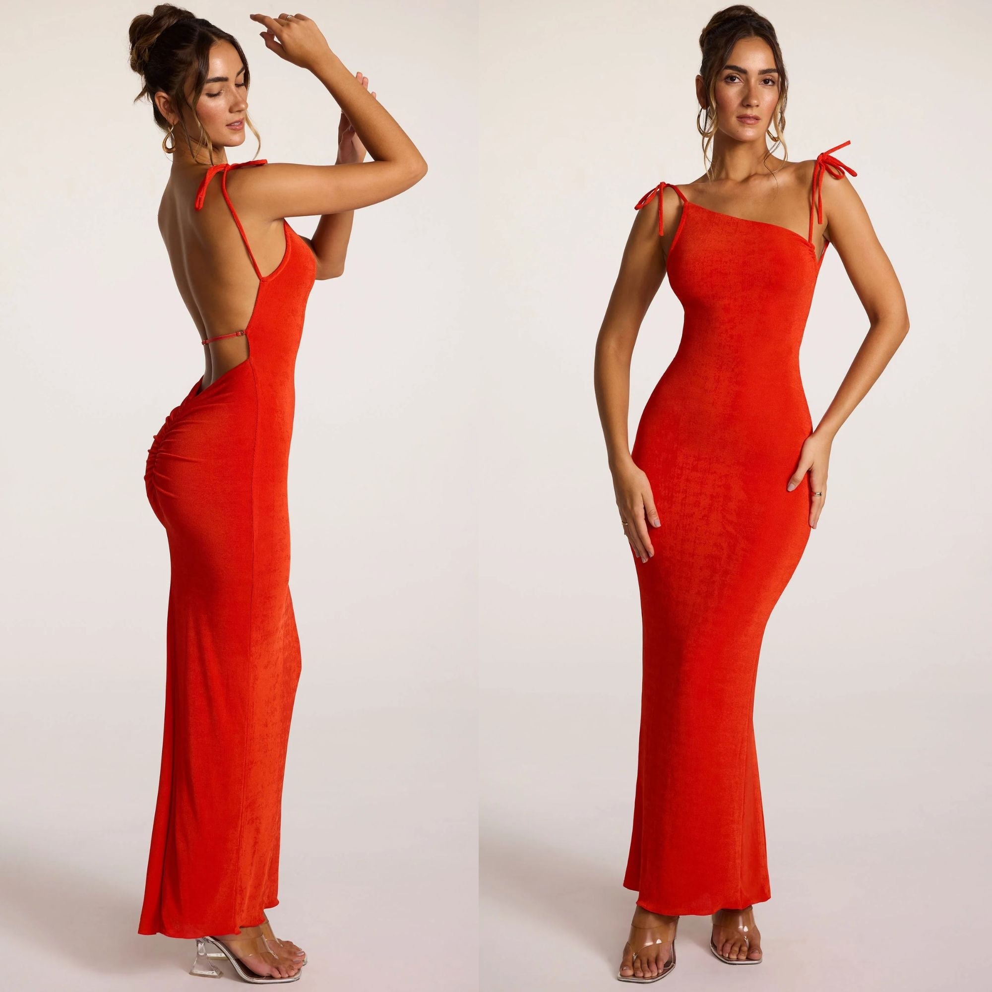 Textured Jersey Open Back Maxi Dress in Fiery Red