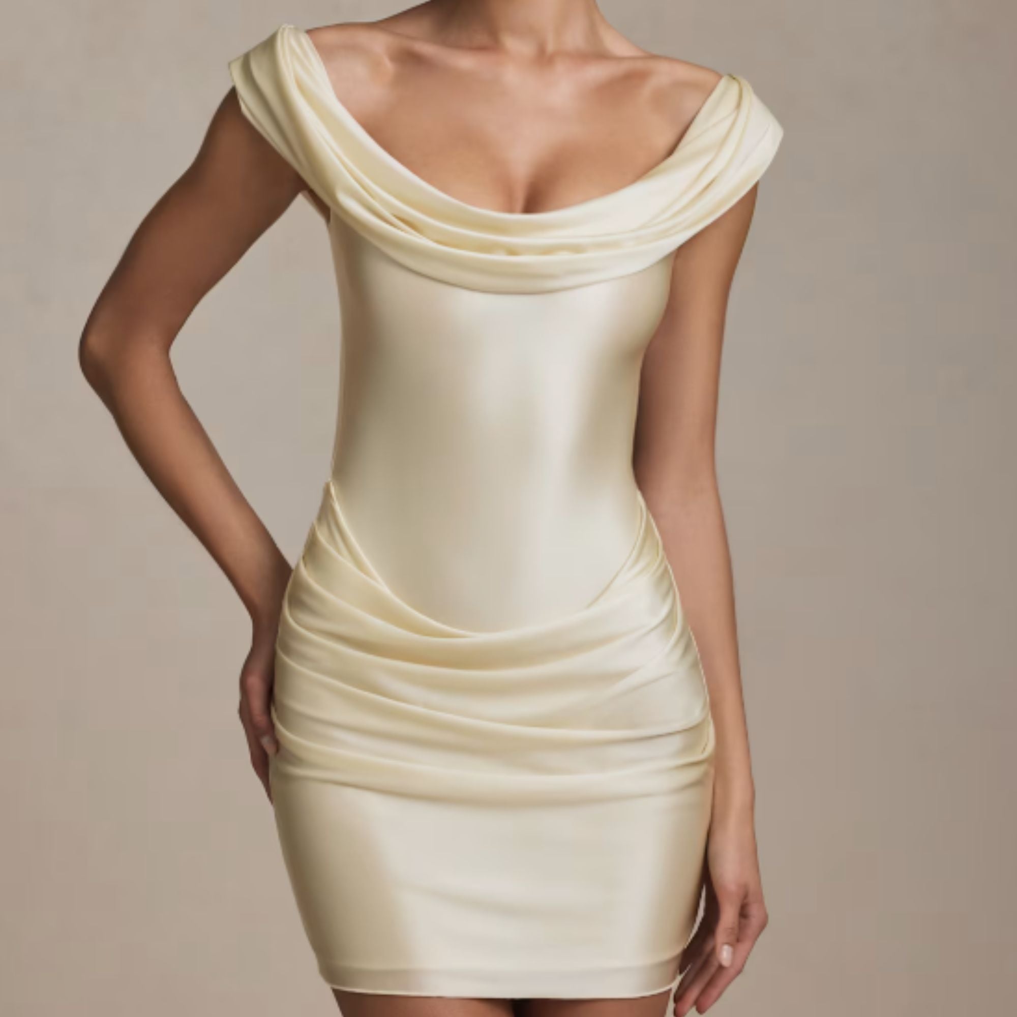 Off-Shoulder Draped Mini Dress in Ivory