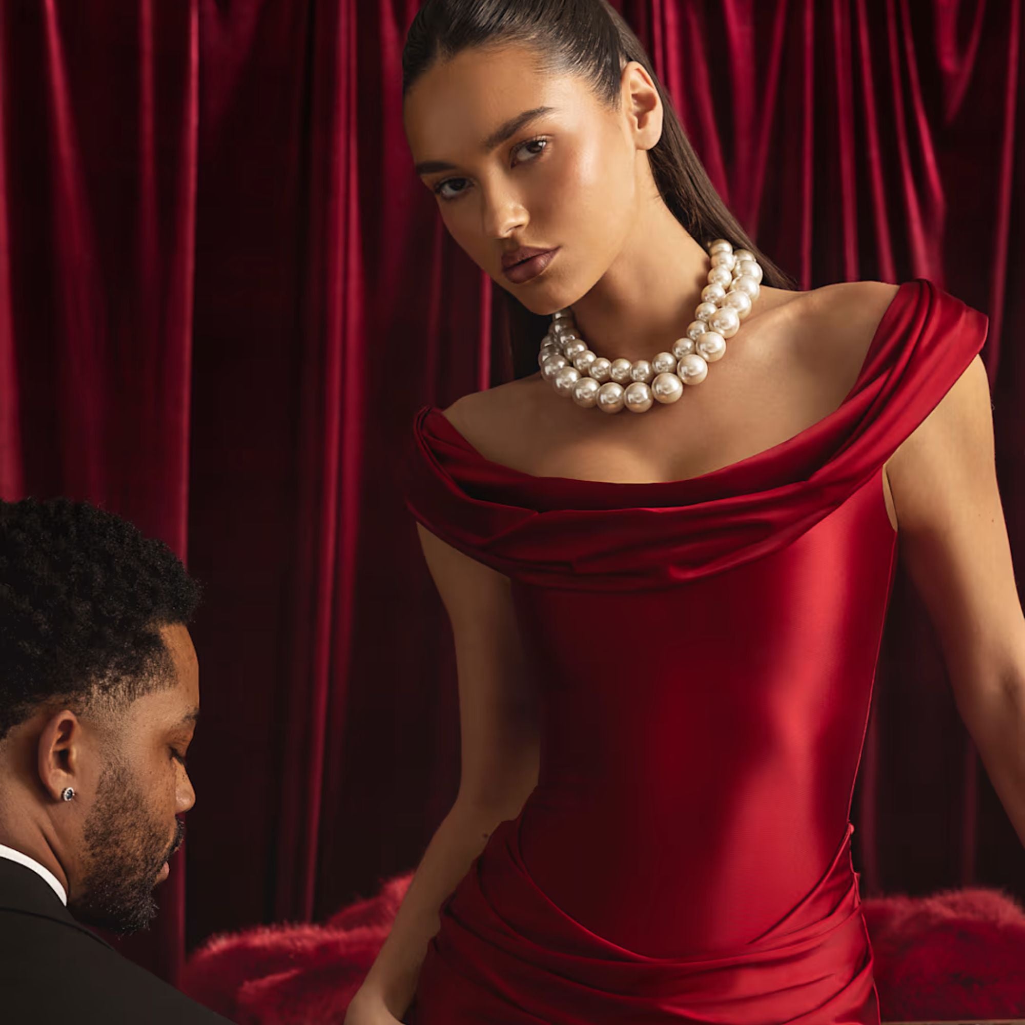 Off-Shoulder Draped Mini Dress in True Red
