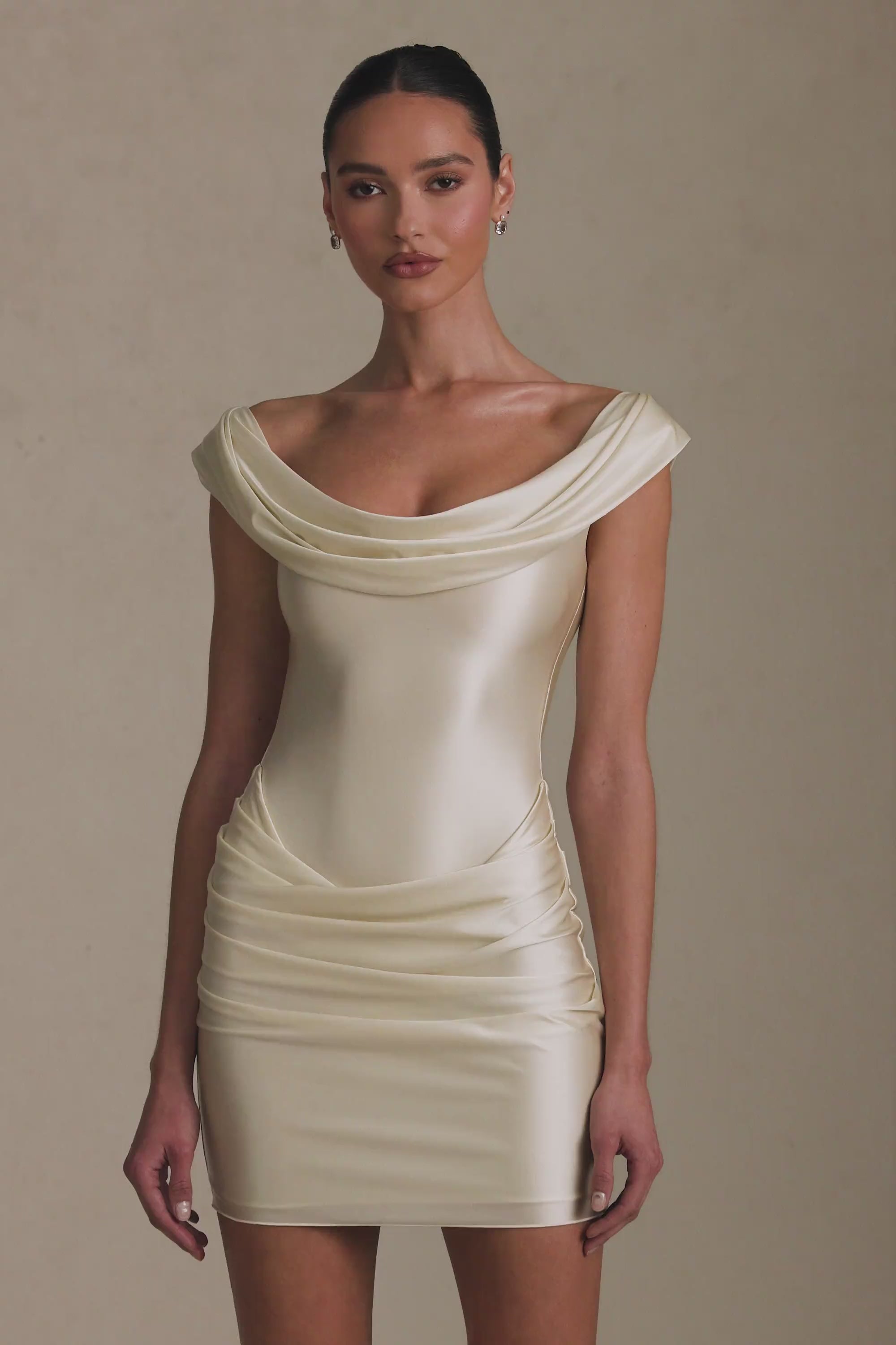 Load video: Off-Shoulder Draped Mini Dress in Ivory